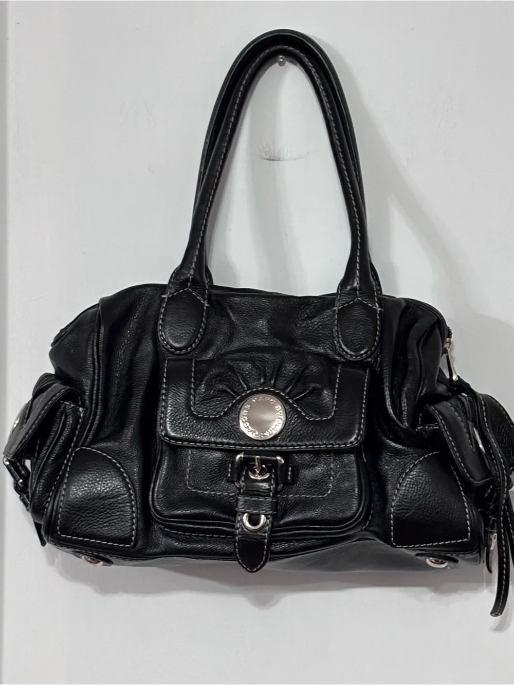 Marc by Marc Jacobs vintage Black Pebbled Satchel Zip Buckle Logo Silver HW - Picture 1 of 15
